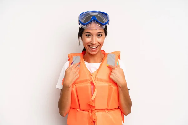 Hispanic Pretty Woman Feeling Happy Pointing Self Excited Life Jacket — Stock Photo, Image