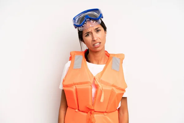 Hispanic Pretty Woman Feeling Puzzled Confused Life Jacket Concept — Stock Photo, Image