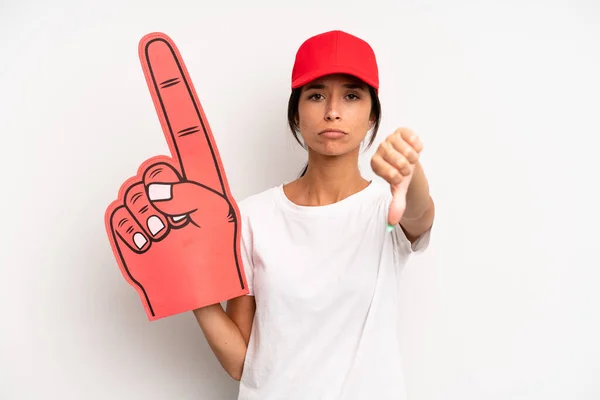 Hispanic Pretty Woman Feeling Cross Showing Thumbs Number One Hand — Stock Photo, Image