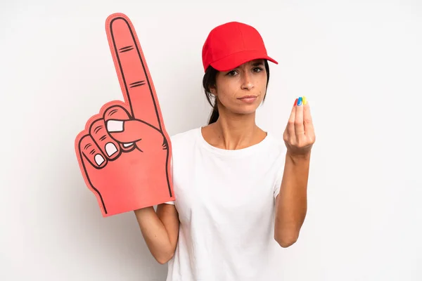 Hispanic Pretty Woman Making Capice Money Gesture Telling You Pay — Stock Photo, Image