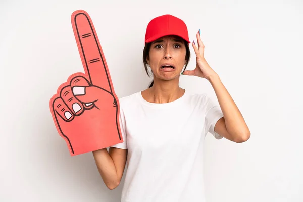 Hispanic Pretty Woman Screaming Hands Air Number One Hand Fan — Stock Photo, Image