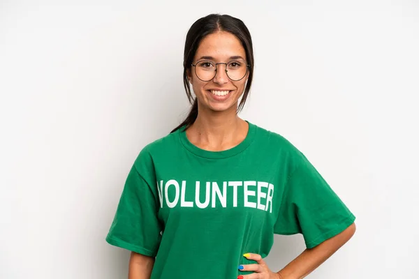 Hispanic Pretty Woman Smiling Happily Hand Hip Confident Volunteer Concept — Foto de Stock