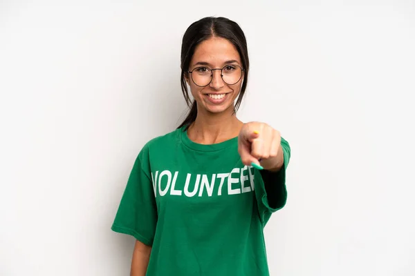 Hispanic Pretty Woman Pointing Camera Choosing You Volunteer Concept — Stock Photo, Image
