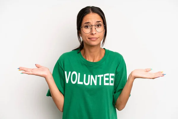 Zijn Paniekerige Mooie Vrouw Voelt Zich Verward Verward Twijfelt Vrijwilligersconcept — Stockfoto