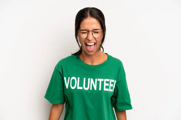 Hispanic Pretty Woman Shouting Aggressively Looking Very Angry Volunteer Concept — Stock Photo, Image