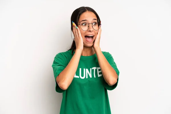 Hispanic Pretty Woman Feeling Happy Excited Surprised Volunteer Concept — Photo