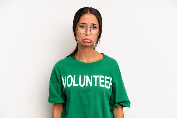Hispanic Pretty Woman Feeling Sad Whiney Unhappy Look Crying Volunteer — Foto de Stock