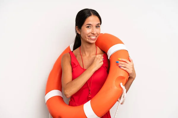 Hispanic Pretty Woman Feeling Happy Facing Challenge Celebrating Lifeguard Concept — Stock Photo, Image