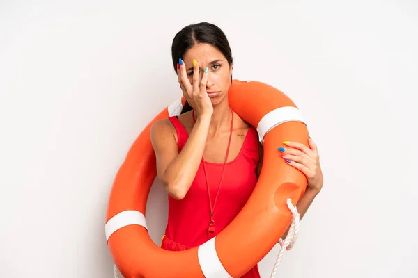 Hispanic Pretty Woman Feeling Bored Frustrated Sleepy Tiresome Lifeguard Concept — Stock Photo, Image