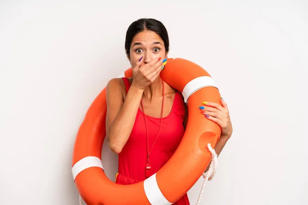 Hispanic Pretty Woman Covering Mouth Hands Shocked Lifeguard Concept — Stock Photo, Image