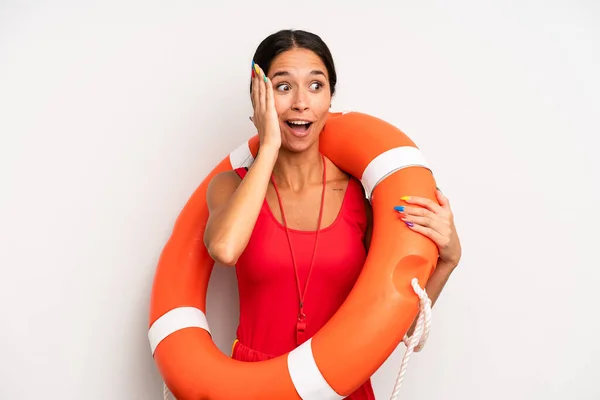 Hispanic Pretty Woman Feeling Happy Excited Surprised Lifeguard Concept — Stock Photo, Image