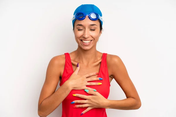 Hispanic Pretty Woman Laughing Out Loud Some Hilarious Joke Swimmer — Stock fotografie