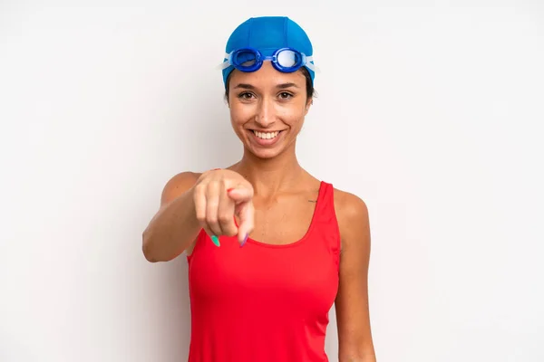 Hispanic Pretty Woman Pointing Camera Choosing You Swimmer Concept — Foto Stock
