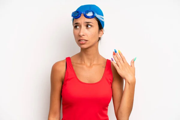 Hispanic Pretty Woman Feeling Stressed Anxious Tired Frustrated Swimmer Concept — Stock fotografie