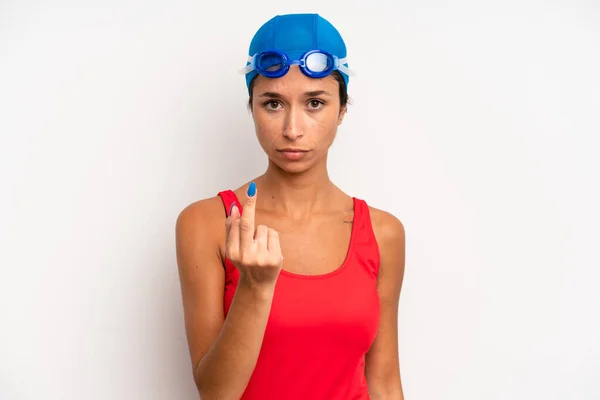 Hispanic Pretty Woman Feeling Angry Annoyed Rebellious Aggressive Swimmer Concept — Stock Photo, Image