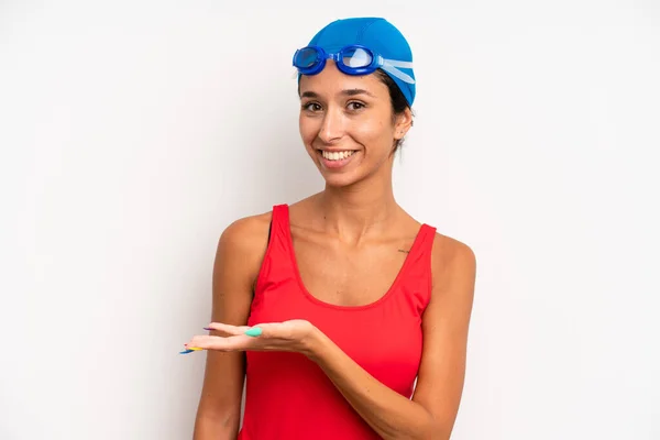 Hispanic Pretty Woman Smiling Cheerfully Feeling Happy Showing Concept Swimmer — Stock Photo, Image