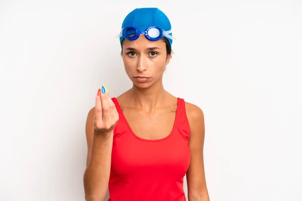 Hispanic Pretty Woman Making Capice Money Gesture Telling You Pay — Stock Photo, Image