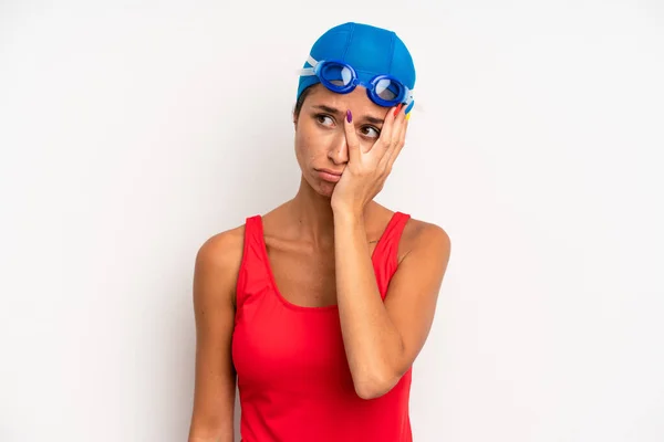 Hispanic Pretty Woman Feeling Bored Frustrated Sleepy Tiresome Swimmer Concept — Zdjęcie stockowe