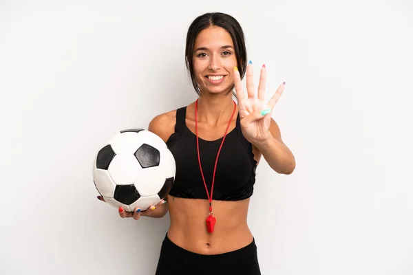 Mujer Bonita Hispana Sonriendo Luciendo Amigable Mostrando Número Cuatro Concepto —  Fotos de Stock