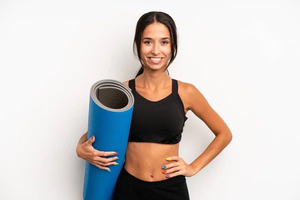 Hispanic Pretty Woman Smiling Happily Hand Hip Confident Fitness Yoga — Stock Photo, Image