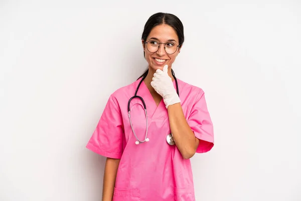 Hispanic Pretty Woman Smiling Happy Confident Expression Hand Chin Veterinarian — Stock Photo, Image