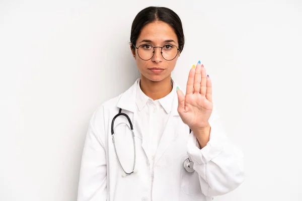 Hispanic Pretty Woman Looking Serious Showing Open Palm Making Stop — Stock Photo, Image