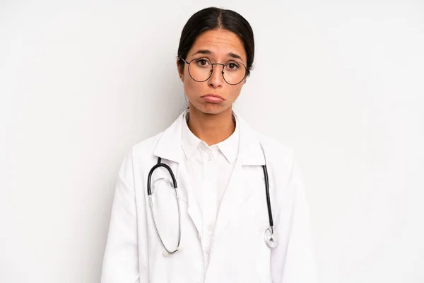 Hispanic Pretty Woman Feeling Sad Whiney Unhappy Look Crying Physician — Stock Photo, Image