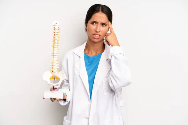 Hispanic Pretty Woman Feeling Confused Puzzled Showing You Insane Physician — Stock Photo, Image