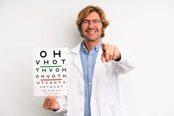 Blond Adult Man Pointing Camera Choosing You Optical Vision Test — Stock Photo, Image