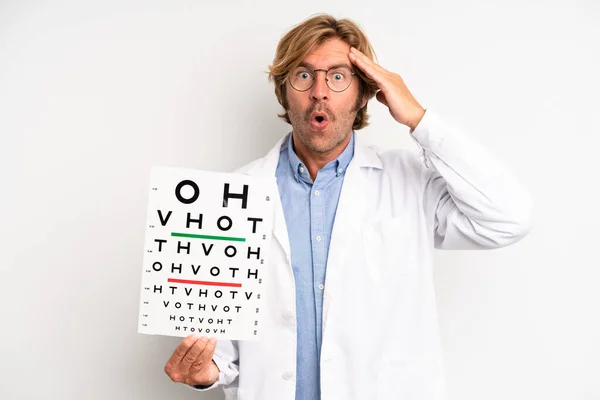 Blond Adult Man Looking Happy Astonished Surprised Optical Vision Test — Fotografia de Stock