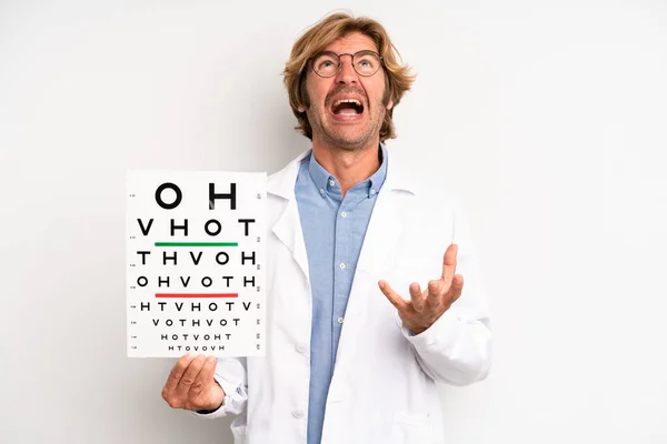 Blond Adult Man Looking Desperate Frustrated Stressed Optical Vision Test — Foto Stock