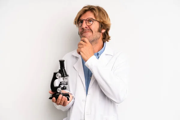 Blond Adult Man Thinking Feeling Doubtful Confused Scientist Microscope — Stock Photo, Image