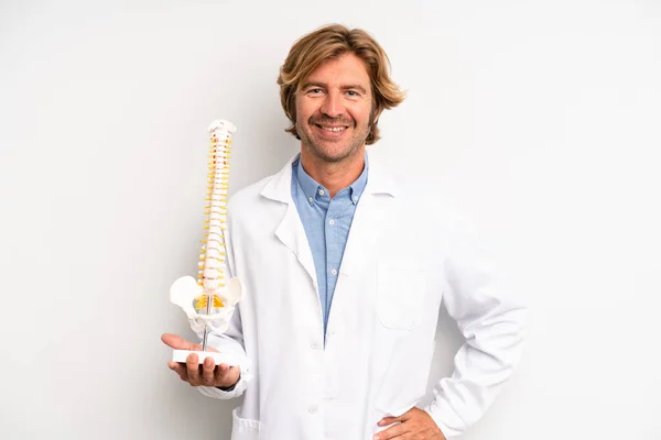 Blond Adult Man Smiling Happily Hand Hip Confident Physician Doctor — Stock Photo, Image