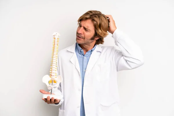 Blond Adult Man Feeling Puzzled Confused Scratching Head Physician Doctor — Stock Photo, Image