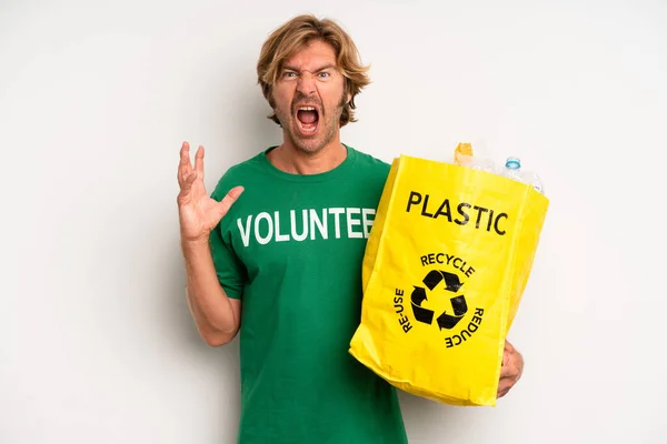 Blond Adult Man Screaming Hands Air Ecology Concept — Stock Photo, Image