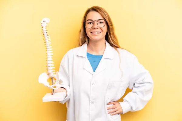 Pretty Blonde Young Woman Smiling Happily Hand Hip Confident Physician — Stockfoto