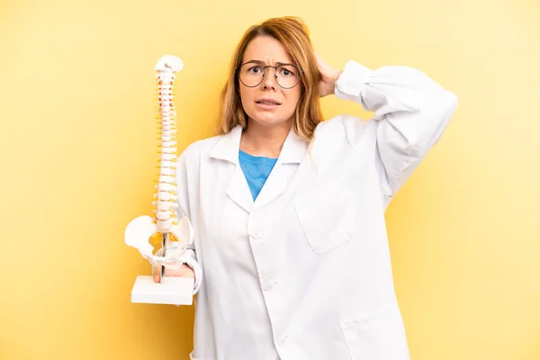 Pretty Blonde Young Woman Feeling Stressed Anxious Scared Hands Head — Stockfoto