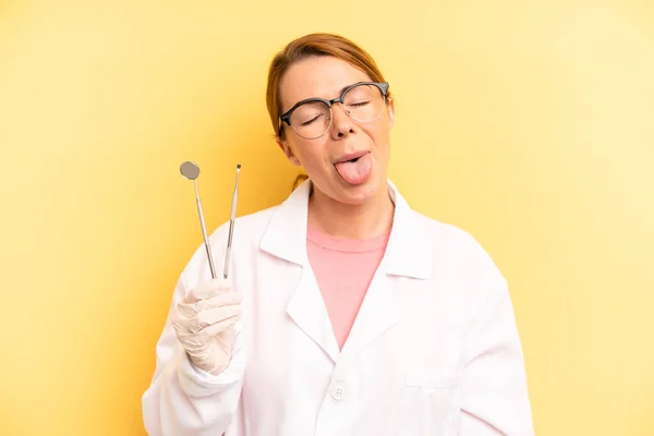 Pretty Blonde Young Woman Cheerful Rebellious Attitude Joking Sticking Tongue — Foto Stock