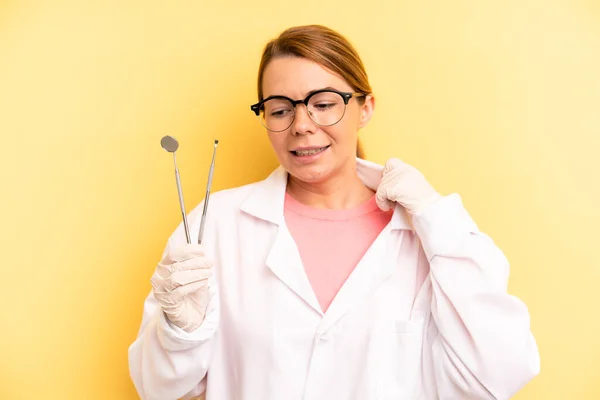 Pretty Blonde Young Woman Feeling Stressed Anxious Tired Frustrated Dentist — Foto Stock