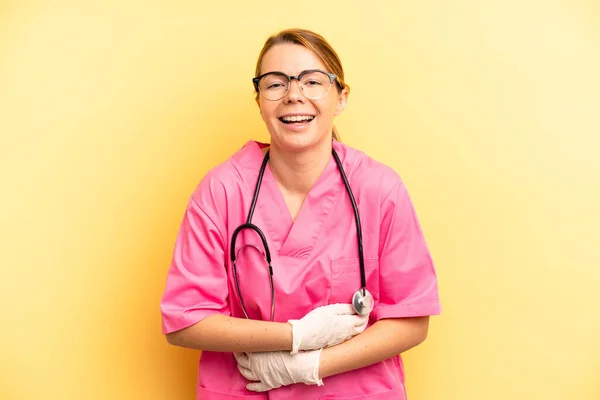 Pretty Blonde Young Woman Laughing Out Loud Some Hilarious Joke — Foto Stock