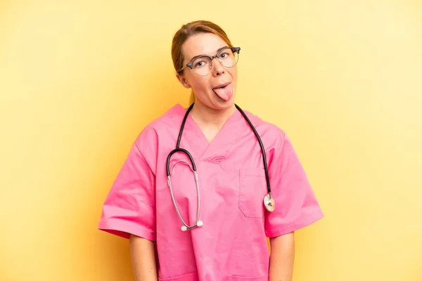 Pretty Blonde Young Woman Cheerful Rebellious Attitude Joking Sticking Tongue — Foto Stock