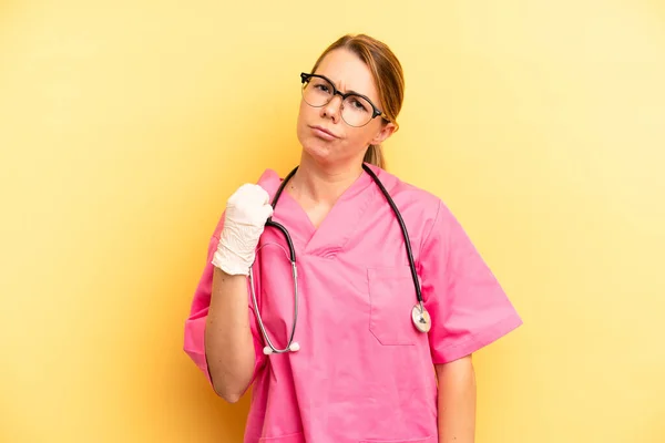 Pretty Blonde Young Woman Looking Arrogant Successful Positive Proud Veterinarian — Foto Stock