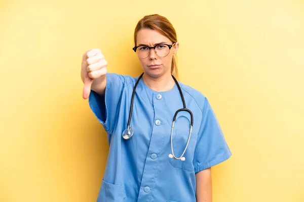 Pretty Blonde Young Woman Feeling Cross Showing Thumbs Physician Doctor — Stock Photo, Image