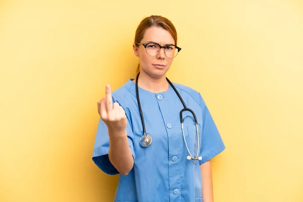 Pretty Blonde Young Woman Feeling Angry Annoyed Rebellious Aggressive Physician — Stock Photo, Image