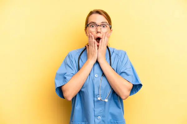 Pretty Blonde Young Woman Feeling Shocked Scared Physician Doctor Student — Stock fotografie