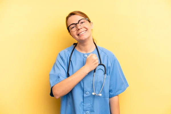 Pretty Blonde Young Woman Feeling Happy Facing Challenge Celebrating Physician — Stock Fotó