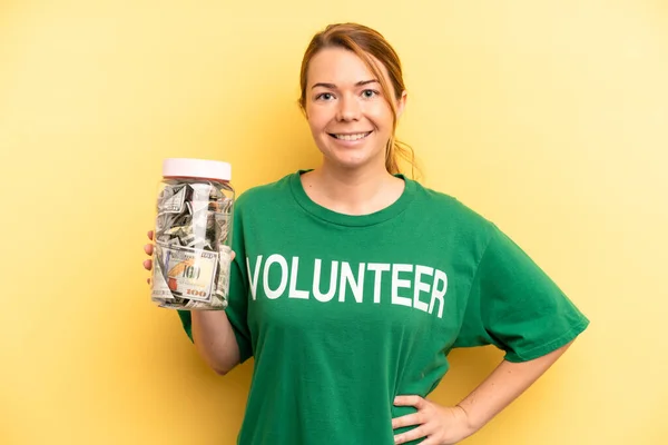 Pretty Blonde Young Woman Smiling Happily Hand Hip Confident Donation — Stock Photo, Image