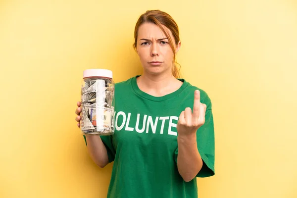 Pretty Blonde Young Woman Feeling Angry Annoyed Rebellious Aggressive Donation — Stock Photo, Image