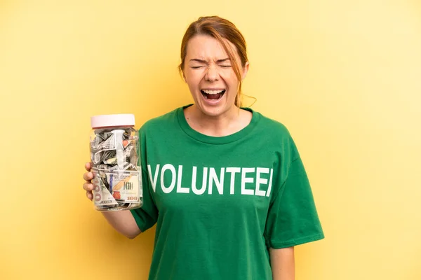 Pretty Blonde Young Woman Shouting Aggressively Looking Very Angry Donation — Stock fotografie