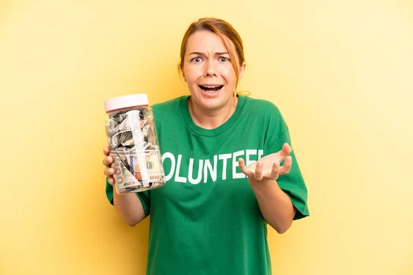Pretty Blonde Young Woman Looking Desperate Frustrated Stressed Donation Volunteer — Stock fotografie